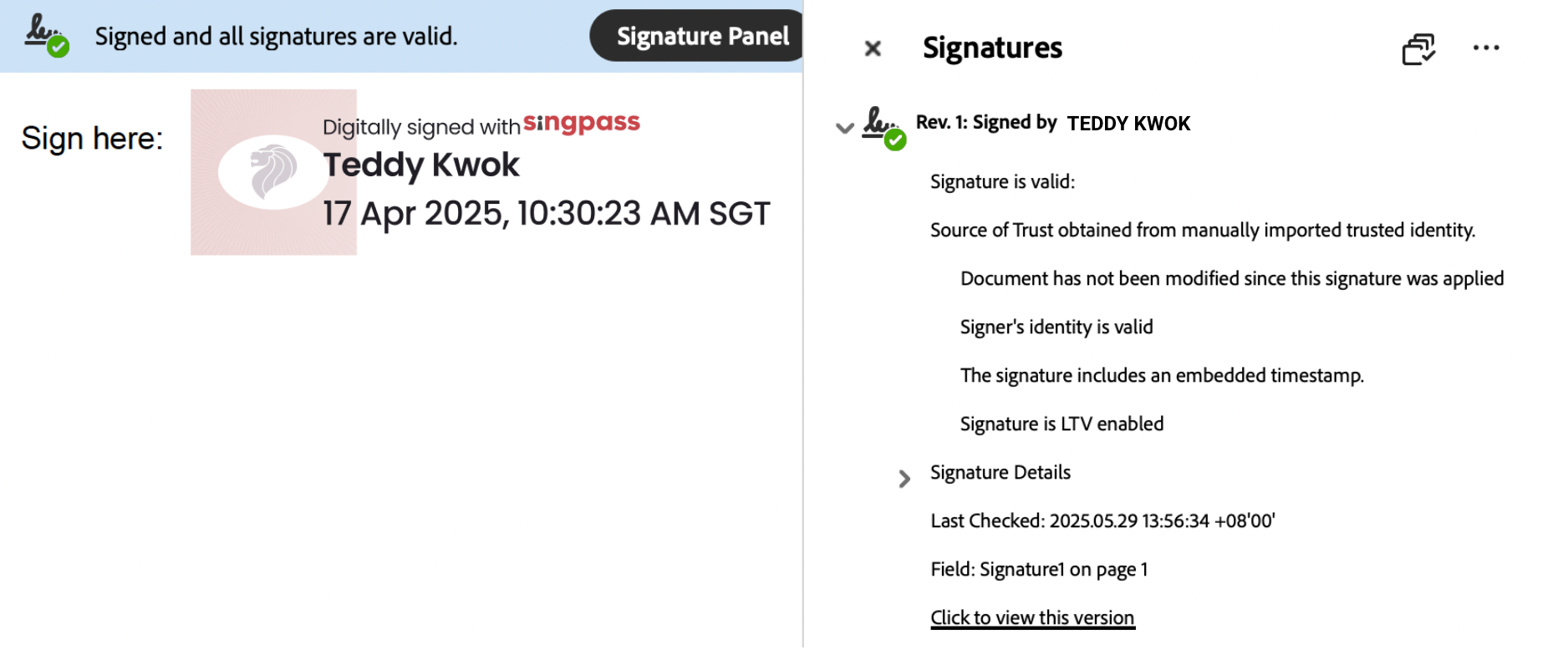 Example of a visual representation of a digital signature on a PDF document, and the checks performed by Adobe Acrobat that the document has not been modified